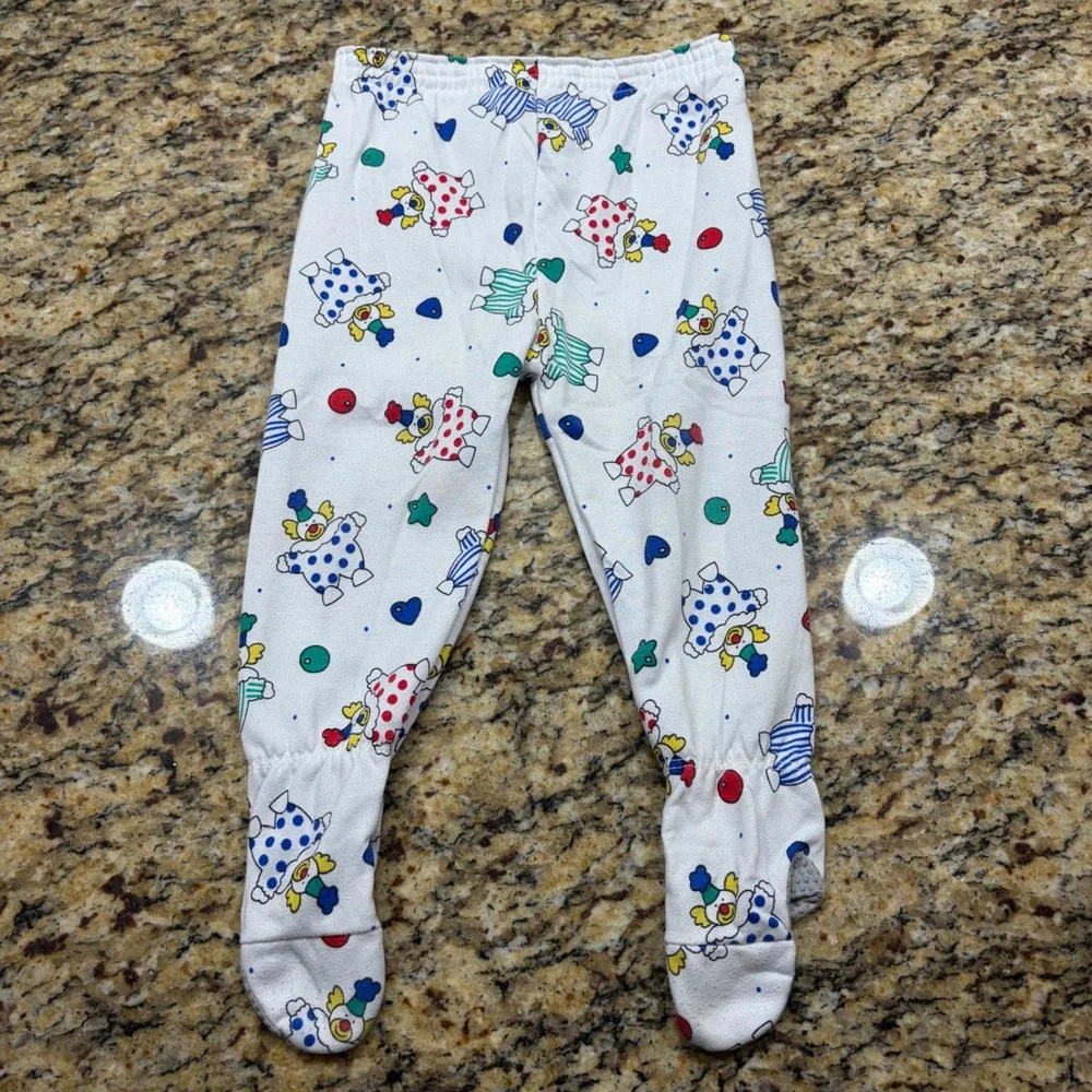 Vintage Carters Clown Print Footed Pajama Pants White 24 Months Made in USA